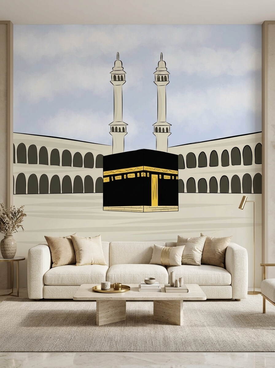 Çizgi Film Tarzı Kabe Ve Minareler Çocuk Odası Duvar Kağıdı