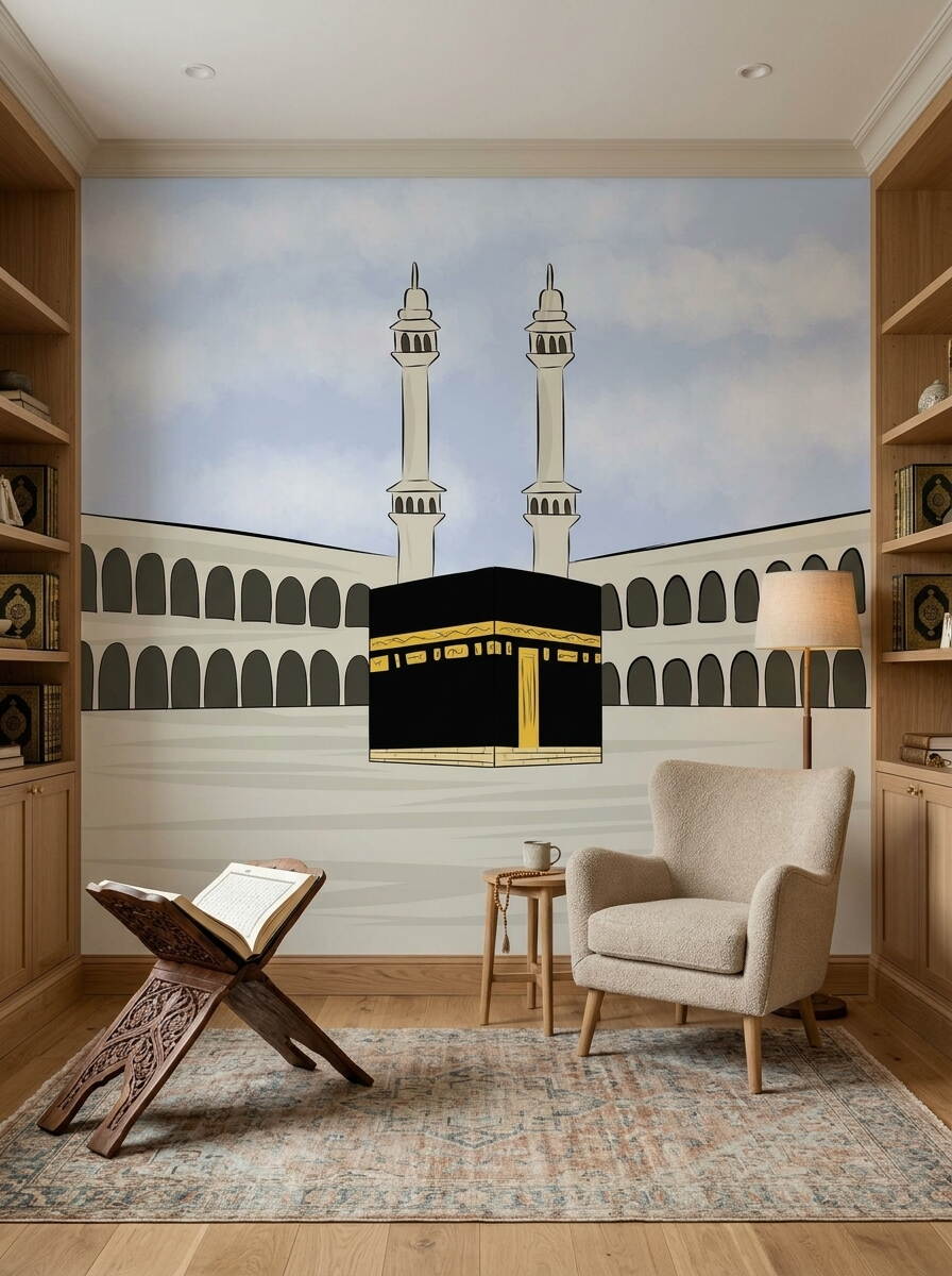 Çizgi Film Tarzı Kabe Ve Minareler Çocuk Odası Duvar Kağıdı