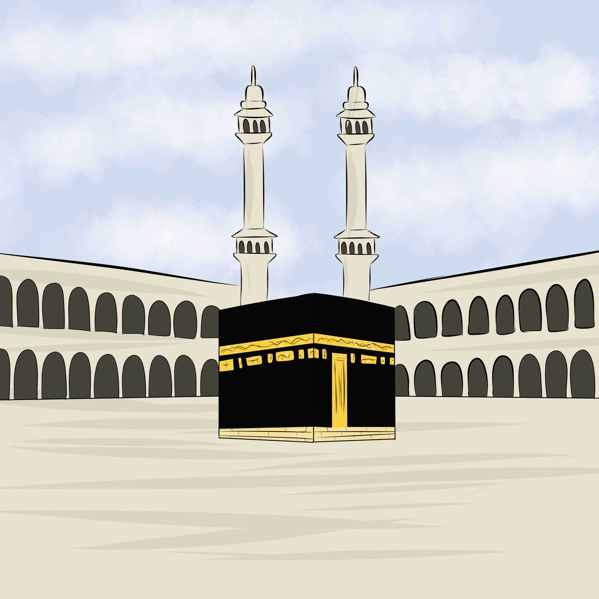 Çizgi Film Tarzı Kabe Ve Minareler Çocuk Odası Duvar Kağıdı