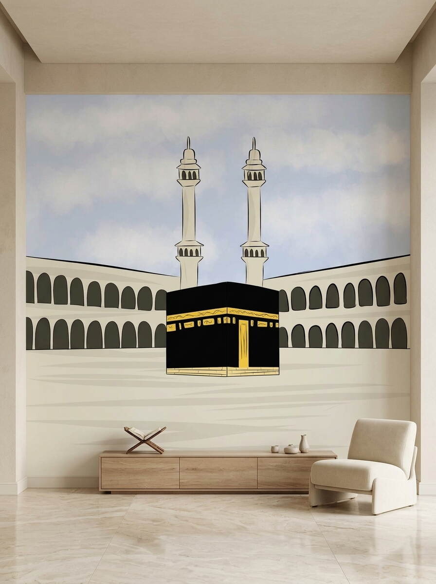 Çizgi Film Tarzı Kabe Ve Minareler Çocuk Odası Duvar Kağıdı