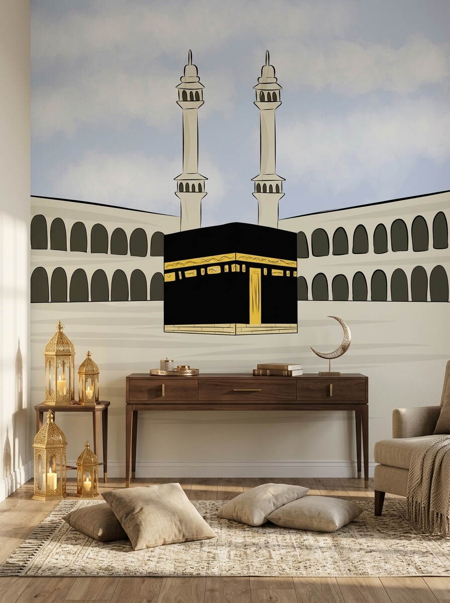 Çizgi Film Tarzı Kabe Ve Minareler Çocuk Odası Duvar Kağıdı