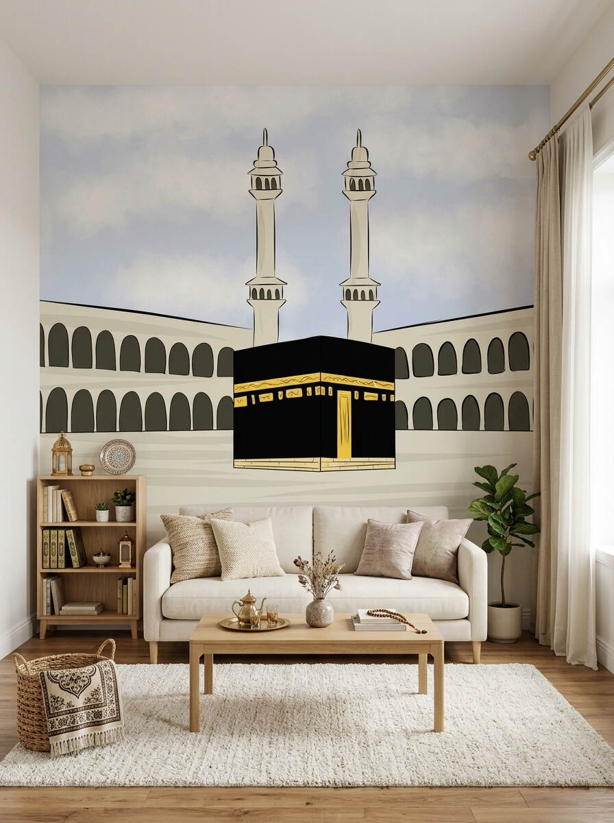 Çizgi Film Tarzı Kabe Ve Minareler Çocuk Odası Duvar Kağıdı