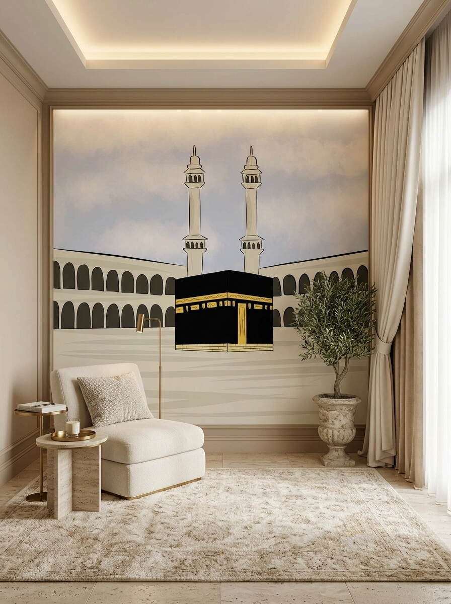 Çizgi Film Tarzı Kabe Ve Minareler Çocuk Odası Duvar Kağıdı