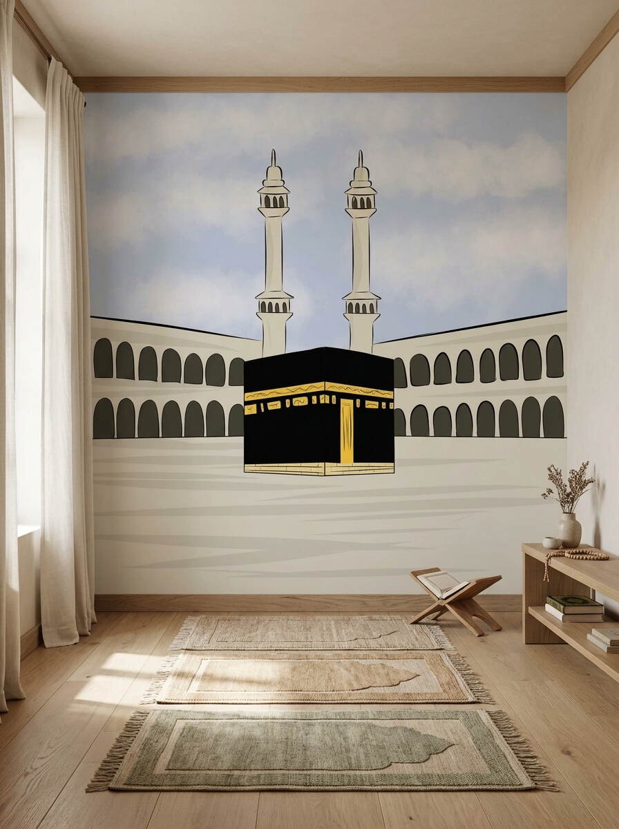 Çizgi Film Tarzı Kabe Ve Minareler Çocuk Odası Duvar Kağıdı