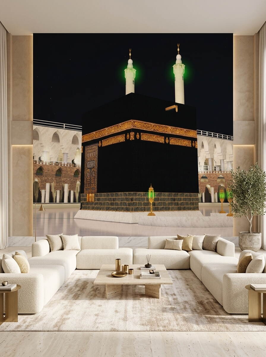 Gece Görünümlü Kabe Duvar Kağıdı Mescid I Haram Ve Aydınlatmalı Minareler Özel Ölçü Duvar Kağıdı