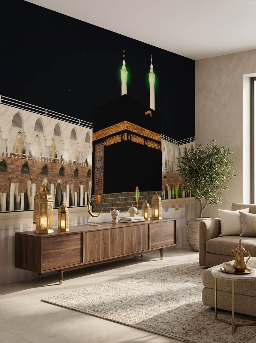 Gece Görünümlü Kabe Duvar Kağıdı Mescid I Haram Ve Aydınlatmalı Minareler Özel Ölçü Duvar Kağıdı