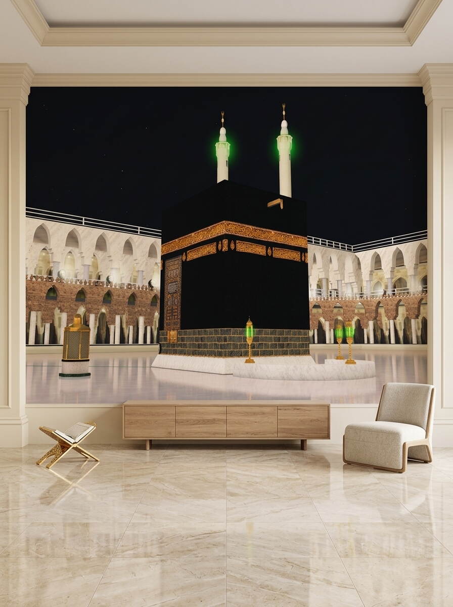 Gece Görünümlü Kabe Duvar Kağıdı Mescid I Haram Ve Aydınlatmalı Minareler Özel Ölçü Duvar Kağıdı