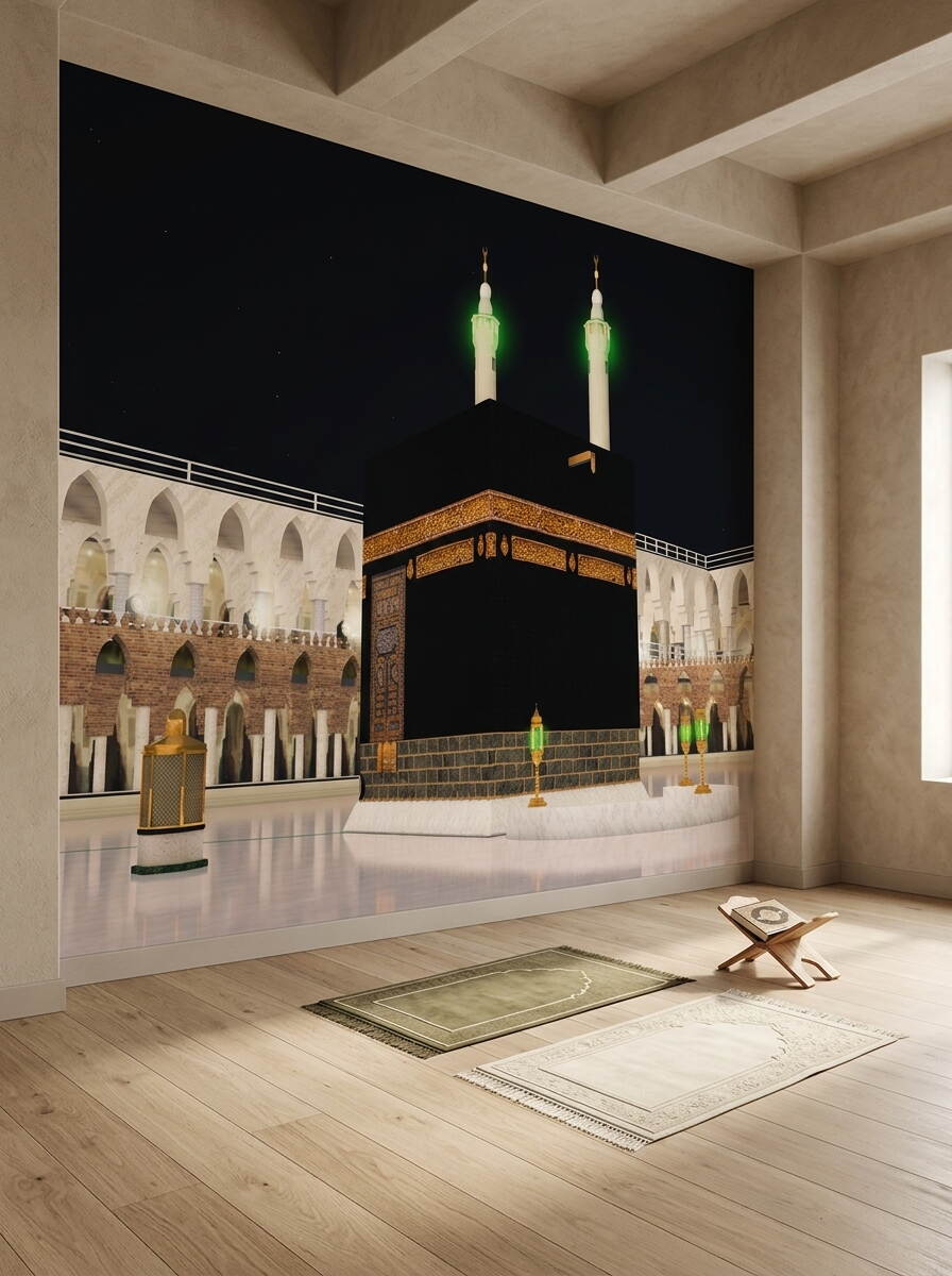 Gece Görünümlü Kabe Duvar Kağıdı Mescid I Haram Ve Aydınlatmalı Minareler Özel Ölçü Duvar Kağıdı