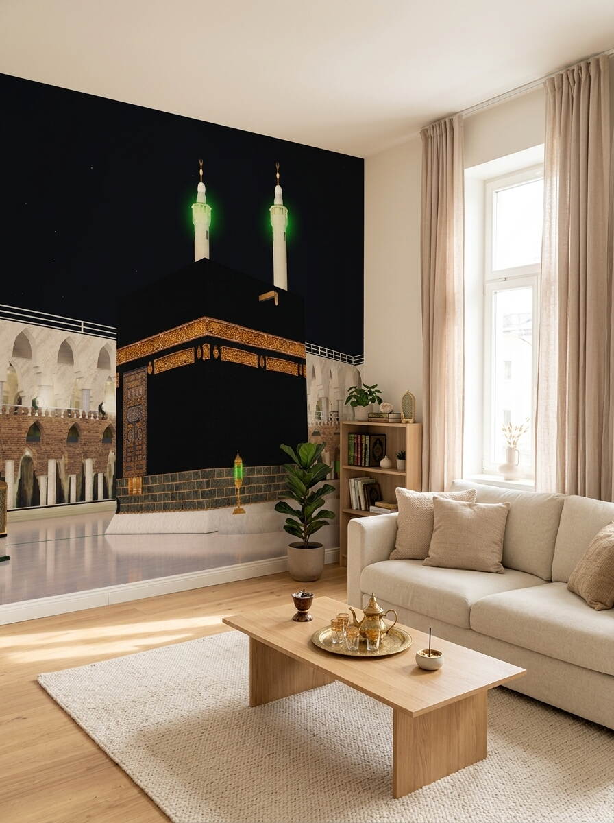 Gece Görünümlü Kabe Duvar Kağıdı Mescid I Haram Ve Aydınlatmalı Minareler Özel Ölçü Duvar Kağıdı