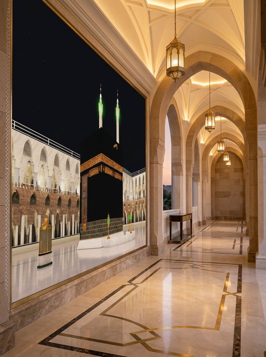 Gece Görünümlü Kabe Duvar Kağıdı Mescid I Haram Ve Aydınlatmalı Minareler Özel Ölçü Duvar Kağıdı