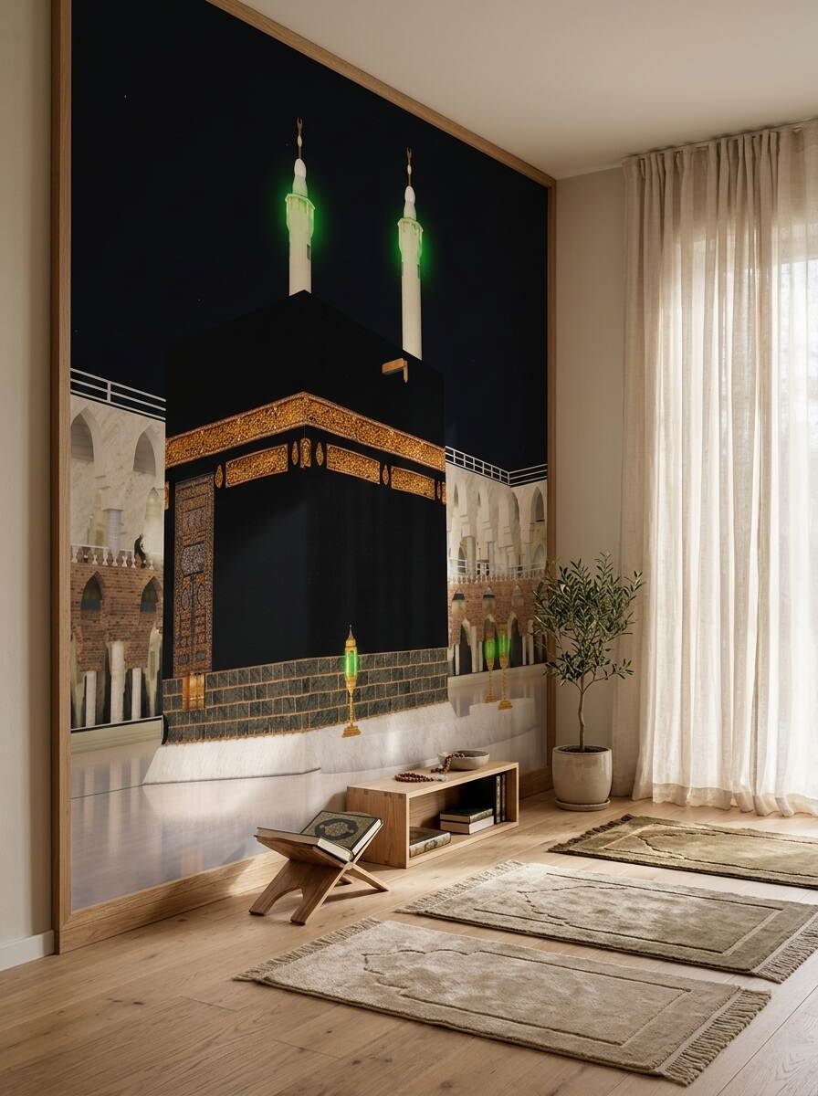 Gece Görünümlü Kabe Duvar Kağıdı Mescid I Haram Ve Aydınlatmalı Minareler Özel Ölçü Duvar Kağıdı