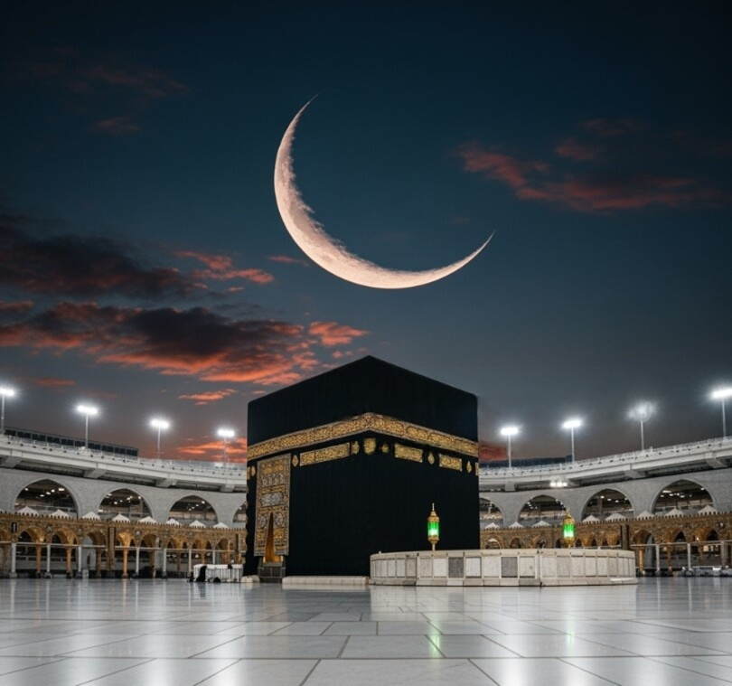 Gece Manzaralı Hilal Detaylı Kabe I Muazzama Ve Mescid I Haram Duvar Kağıdı