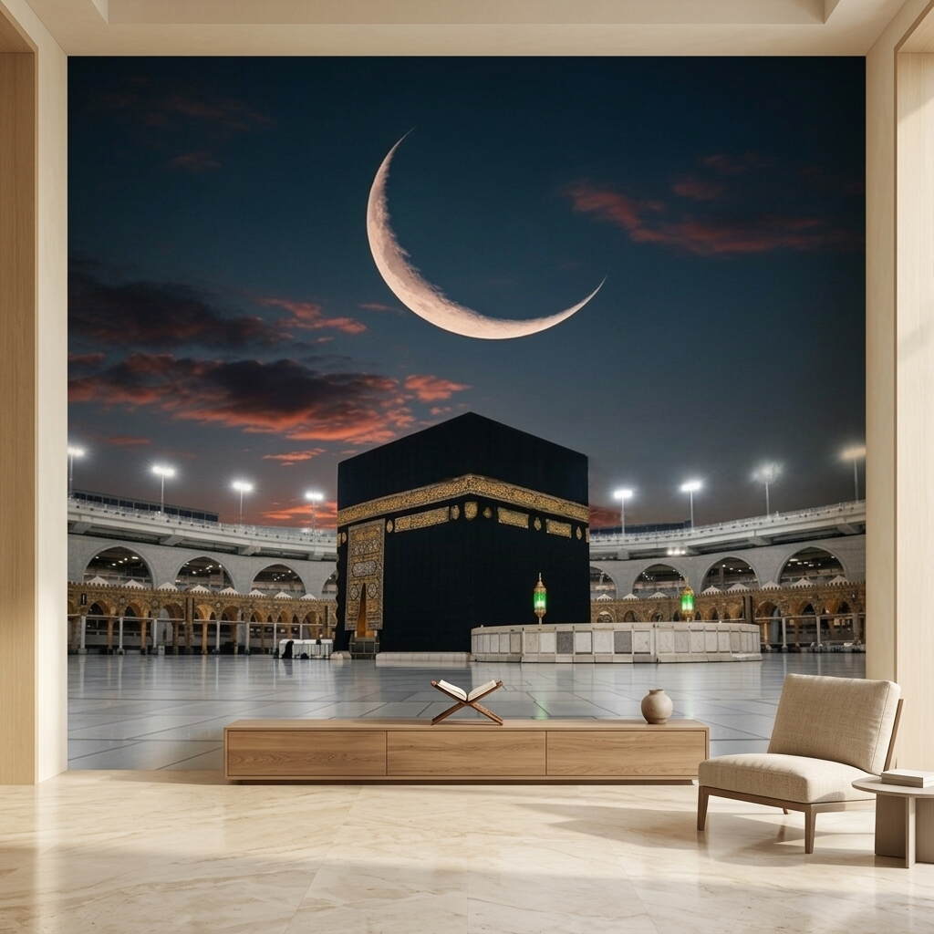 Gece Manzaralı Hilal Detaylı Kabe I Muazzama Ve Mescid I Haram Duvar Kağıdı