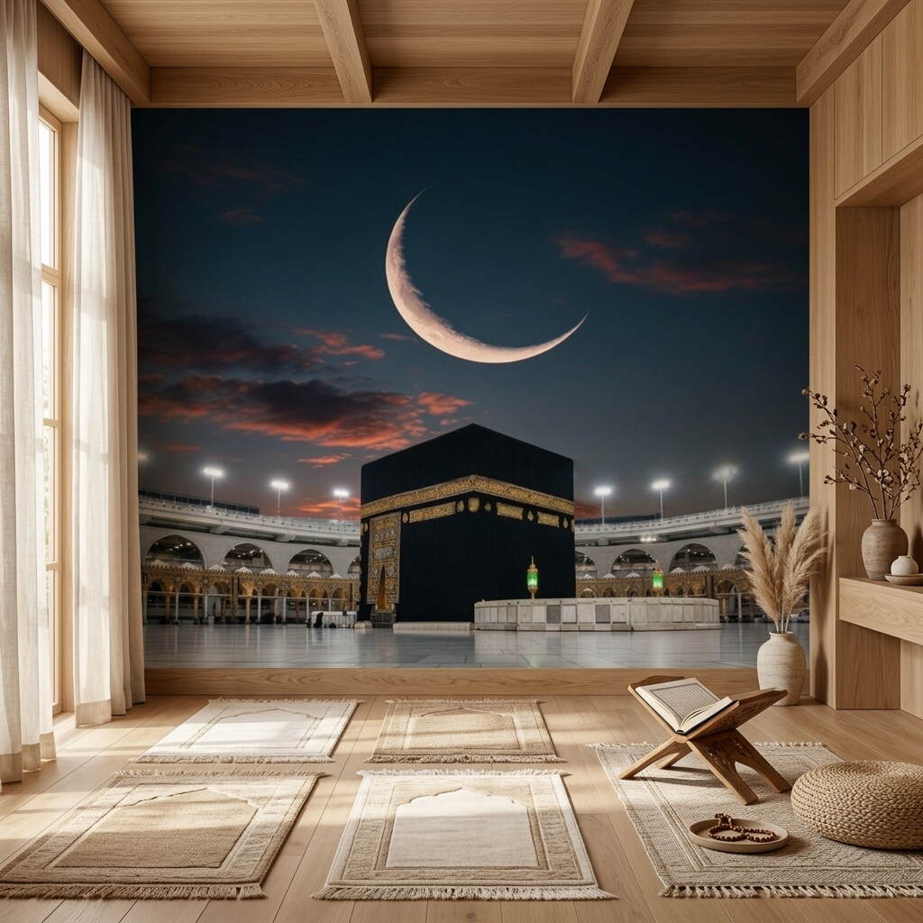 Gece Manzaralı Hilal Detaylı Kabe I Muazzama Ve Mescid I Haram Duvar Kağıdı