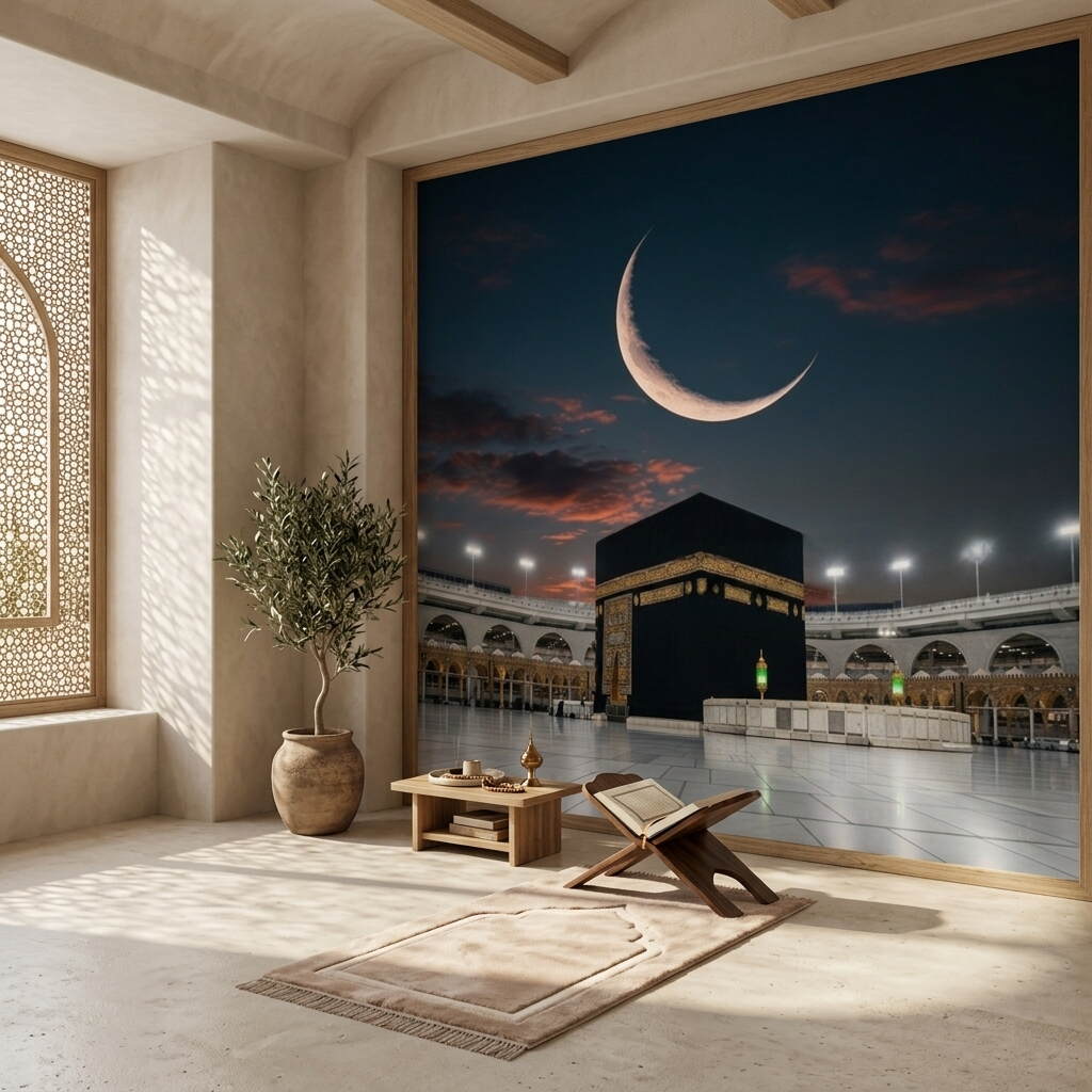 Gece Manzaralı Hilal Detaylı Kabe I Muazzama Ve Mescid I Haram Duvar Kağıdı
