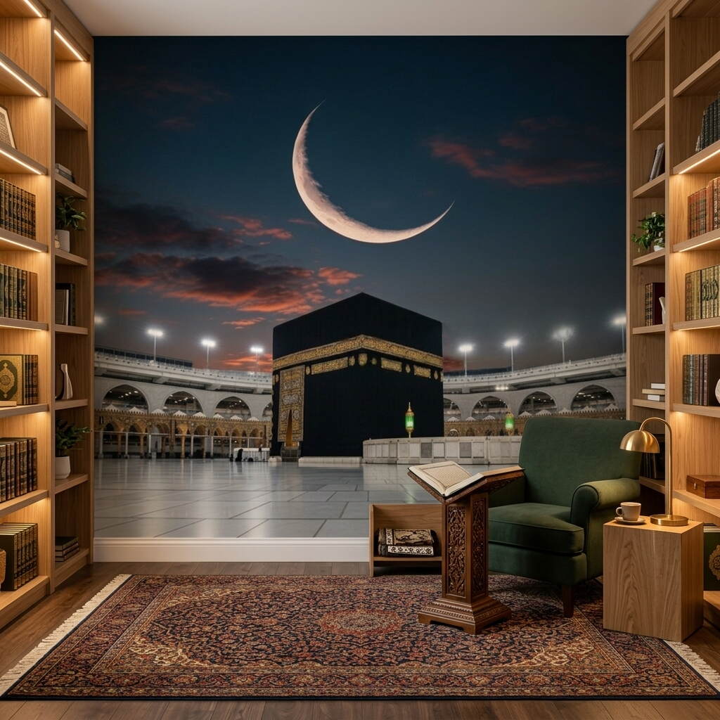 Gece Manzaralı Hilal Detaylı Kabe I Muazzama Ve Mescid I Haram Duvar Kağıdı