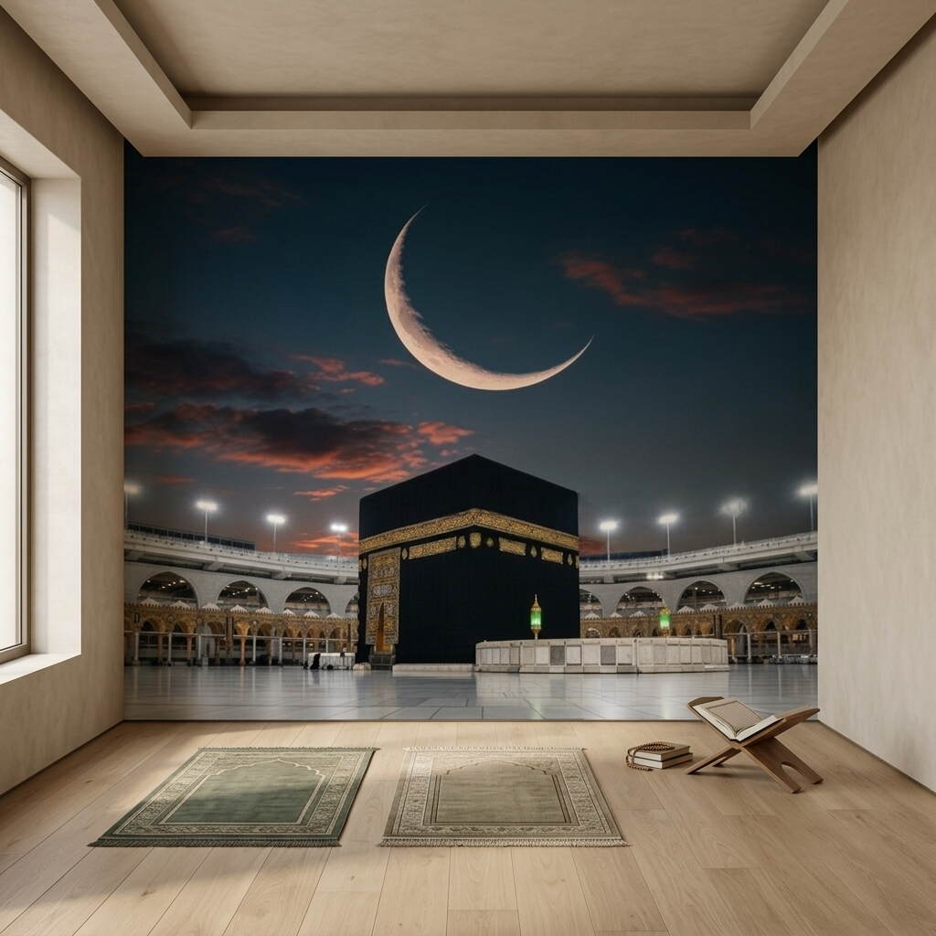 Gece Manzaralı Hilal Detaylı Kabe I Muazzama Ve Mescid I Haram Duvar Kağıdı