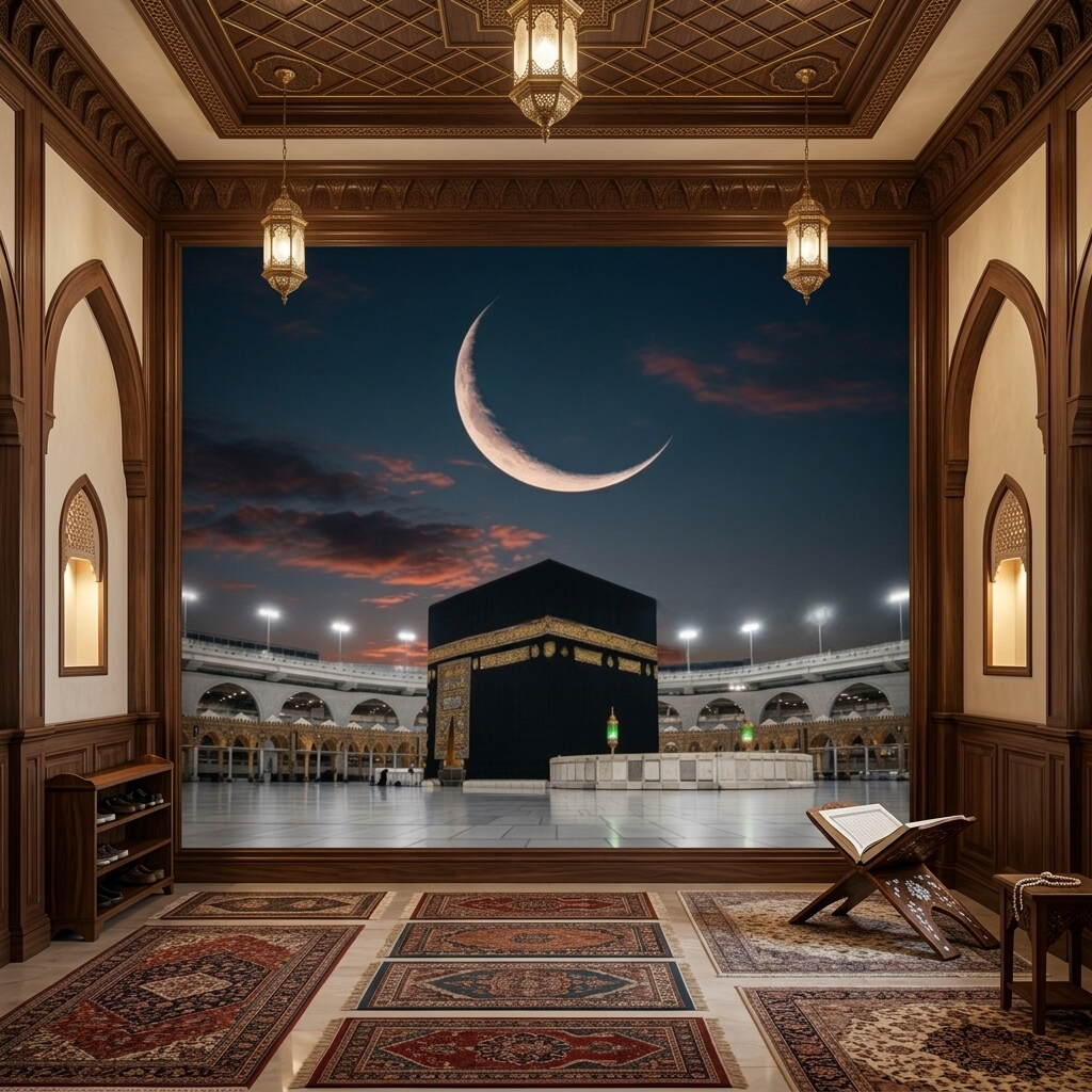 Gece Manzaralı Hilal Detaylı Kabe I Muazzama Ve Mescid I Haram Duvar Kağıdı