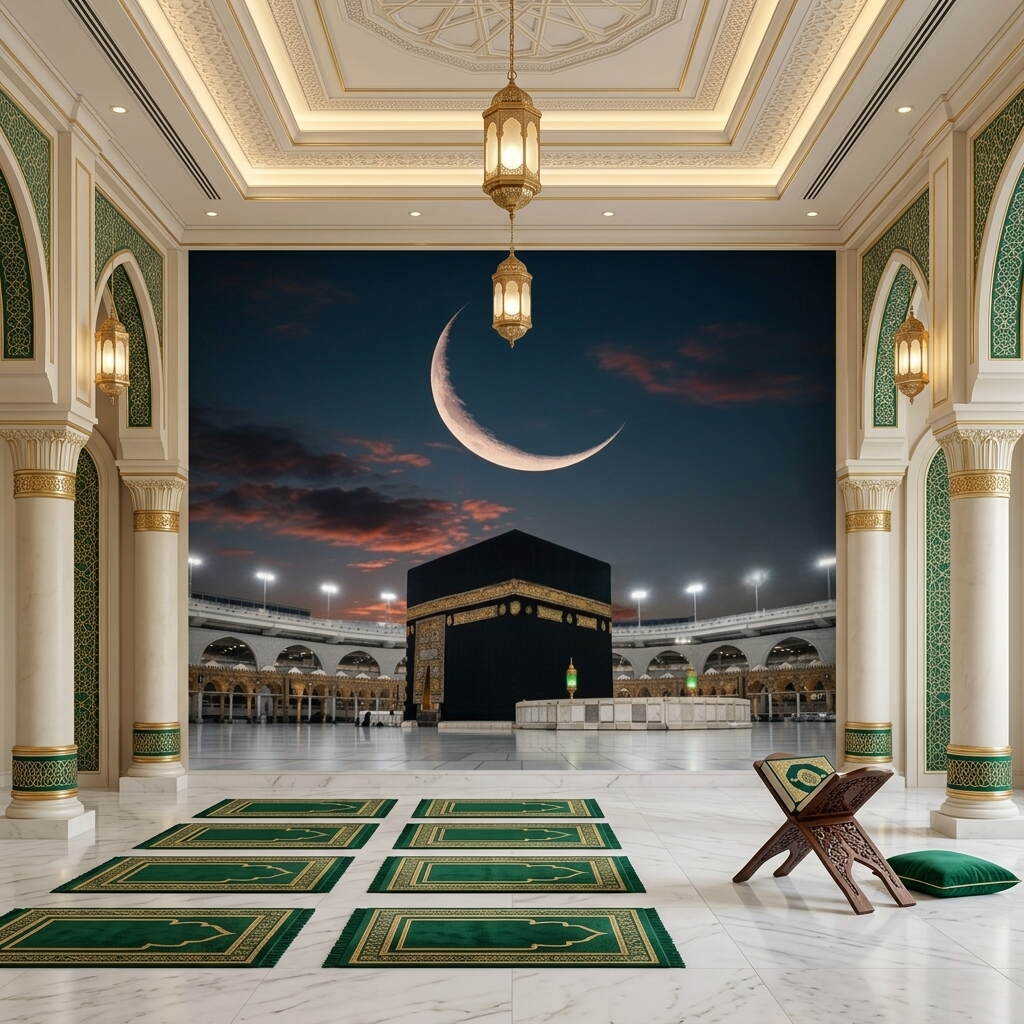 Gece Manzaralı Hilal Detaylı Kabe I Muazzama Ve Mescid I Haram Duvar Kağıdı