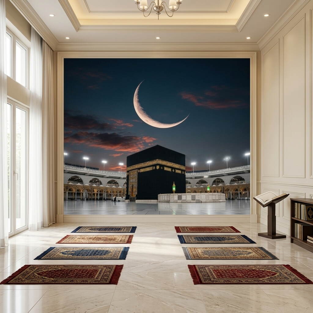 Gece Manzaralı Hilal Detaylı Kabe I Muazzama Ve Mescid I Haram Duvar Kağıdı