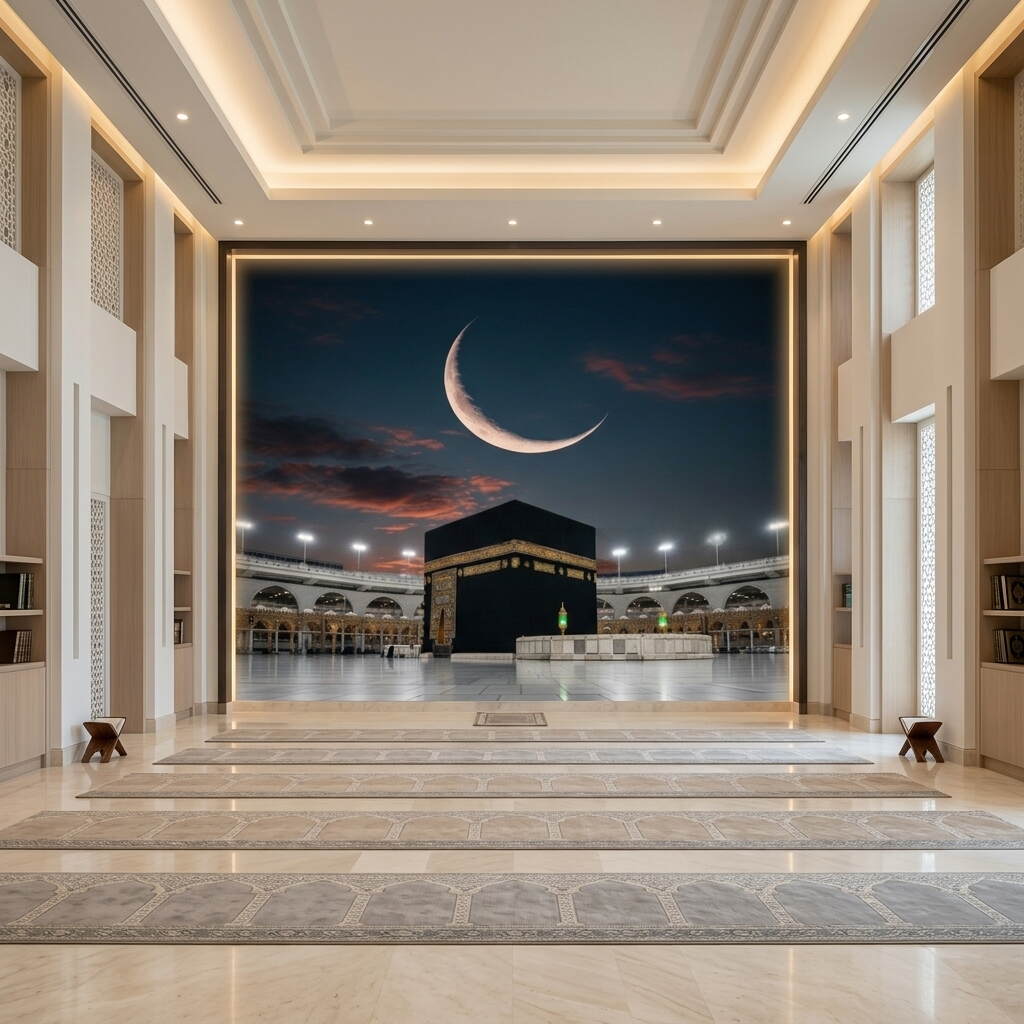 Gece Manzaralı Hilal Detaylı Kabe I Muazzama Ve Mescid I Haram Duvar Kağıdı