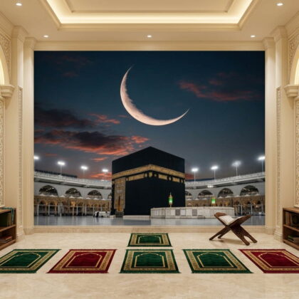 Gece Manzaralı Hilal Detaylı Kabe I Muazzama Ve Mescid I Haram Duvar Kağıdı