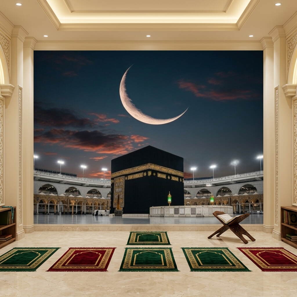 Gece Manzaralı Hilal Detaylı Kabe I Muazzama Ve Mescid I Haram Duvar Kağıdı
