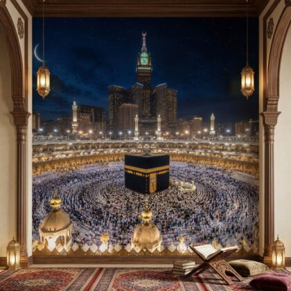 Gece Manzaralı Kabe Ve Mekke Saat Kulesi Duvar Kağıdı