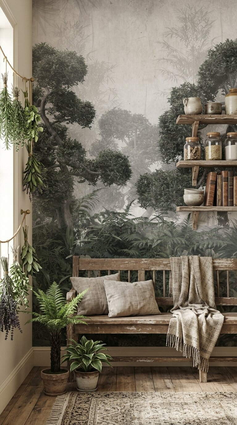 Gri Japon Bonsai Çam Ağaçlı Sisli Orman Duvar Kağıdı