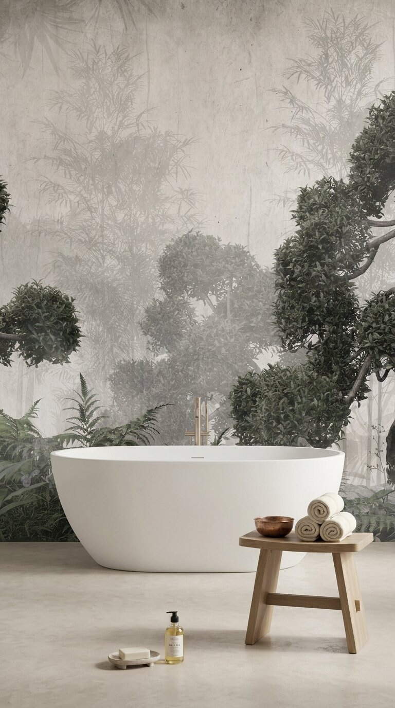 Gri Japon Bonsai Çam Ağaçlı Sisli Orman Duvar Kağıdı