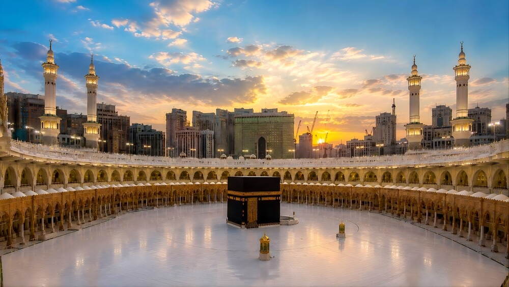 Gün Batımı Panoramik Kabe I Muazzama Ve Mescid I Haram Duvar Kağıdı