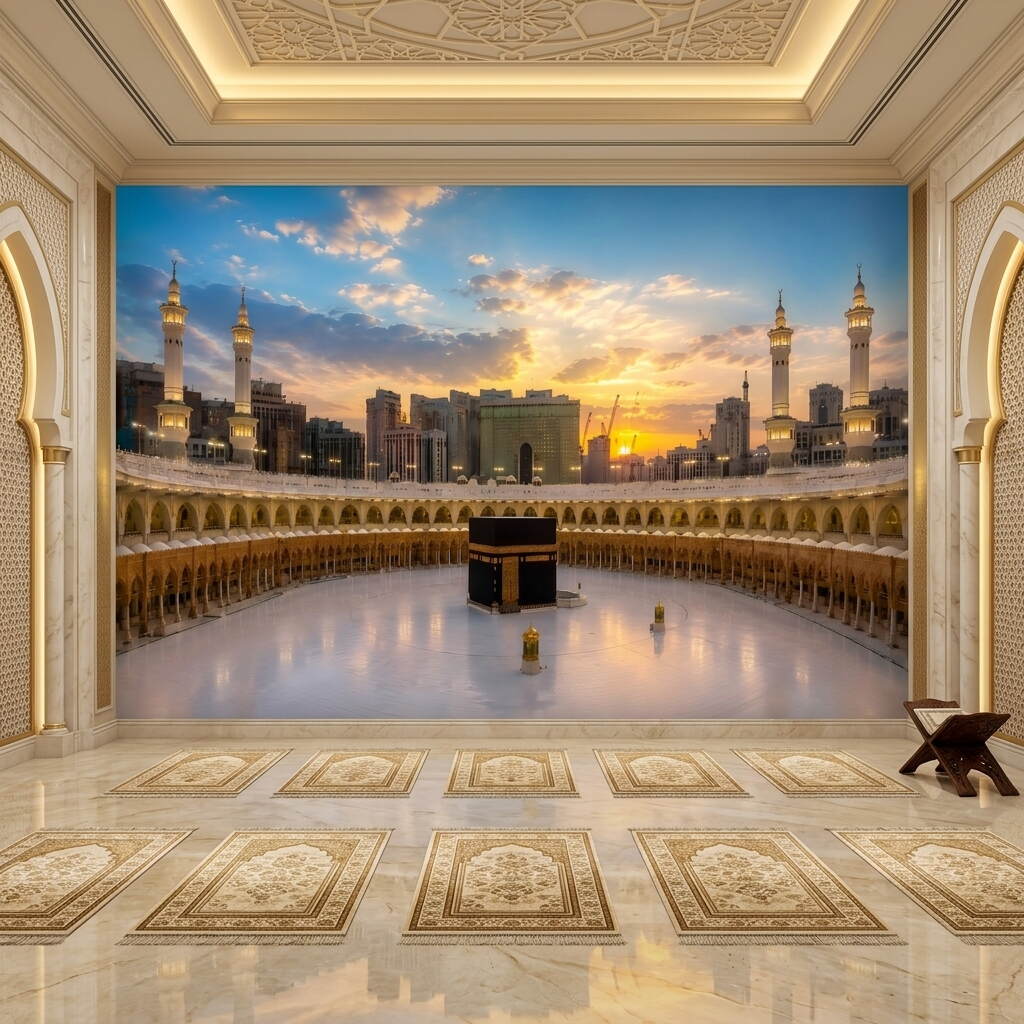 Gün Batımı Panoramik Kabe I Muazzama Ve Mescid I Haram Duvar Kağıdı