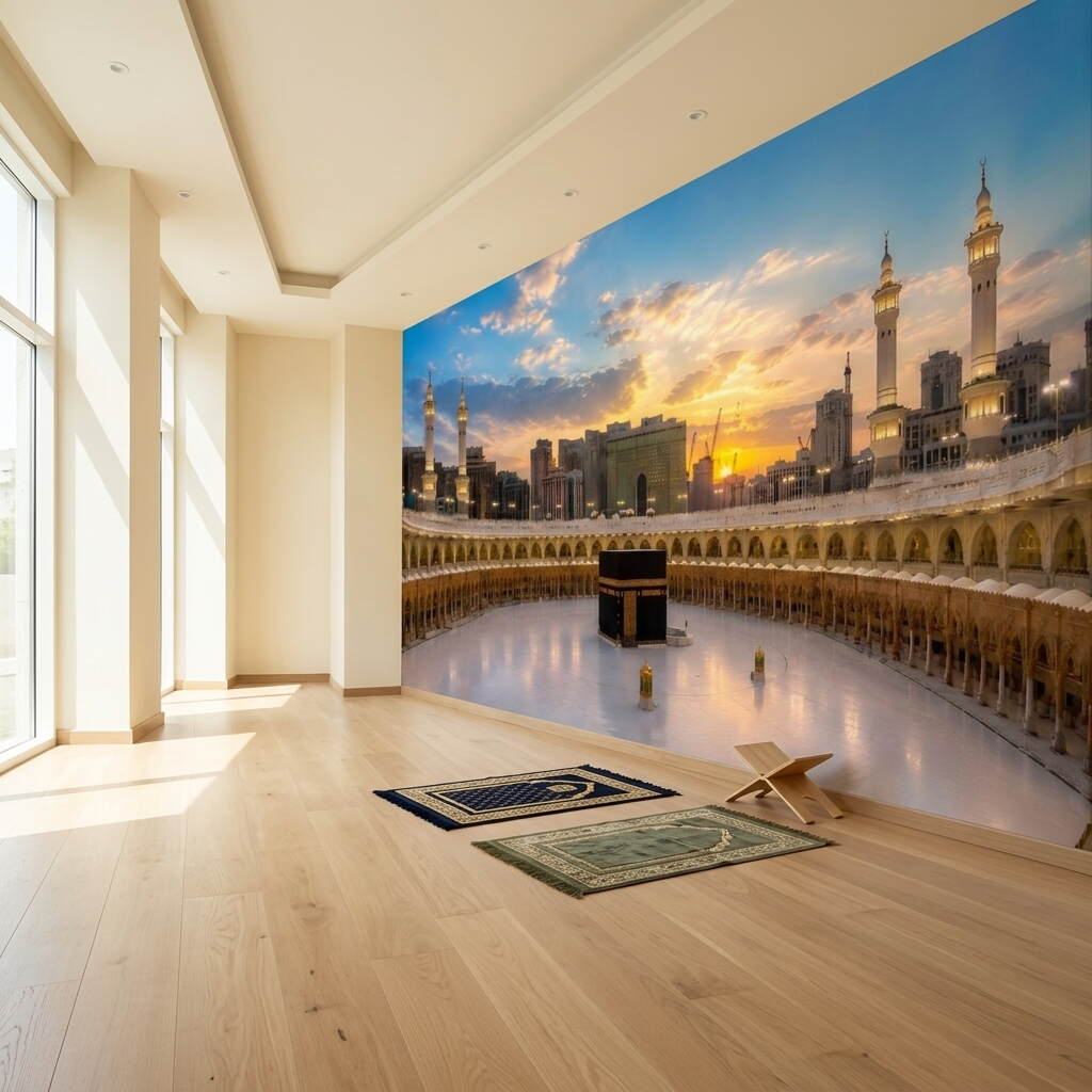 Gün Batımı Panoramik Kabe I Muazzama Ve Mescid I Haram Duvar Kağıdı