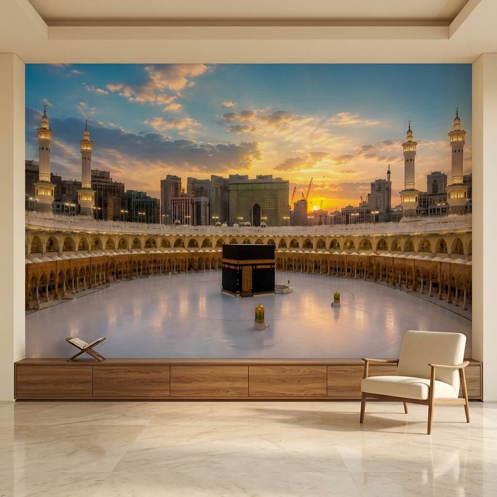 Gün Batımı Panoramik Kabe I Muazzama Ve Mescid I Haram Duvar Kağıdı