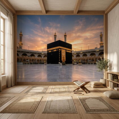 Gün Batımı Vakti Kabe I Muazzama Ve Mescid I Haram Altı Minareli Panoramik Duvar Kağıdı