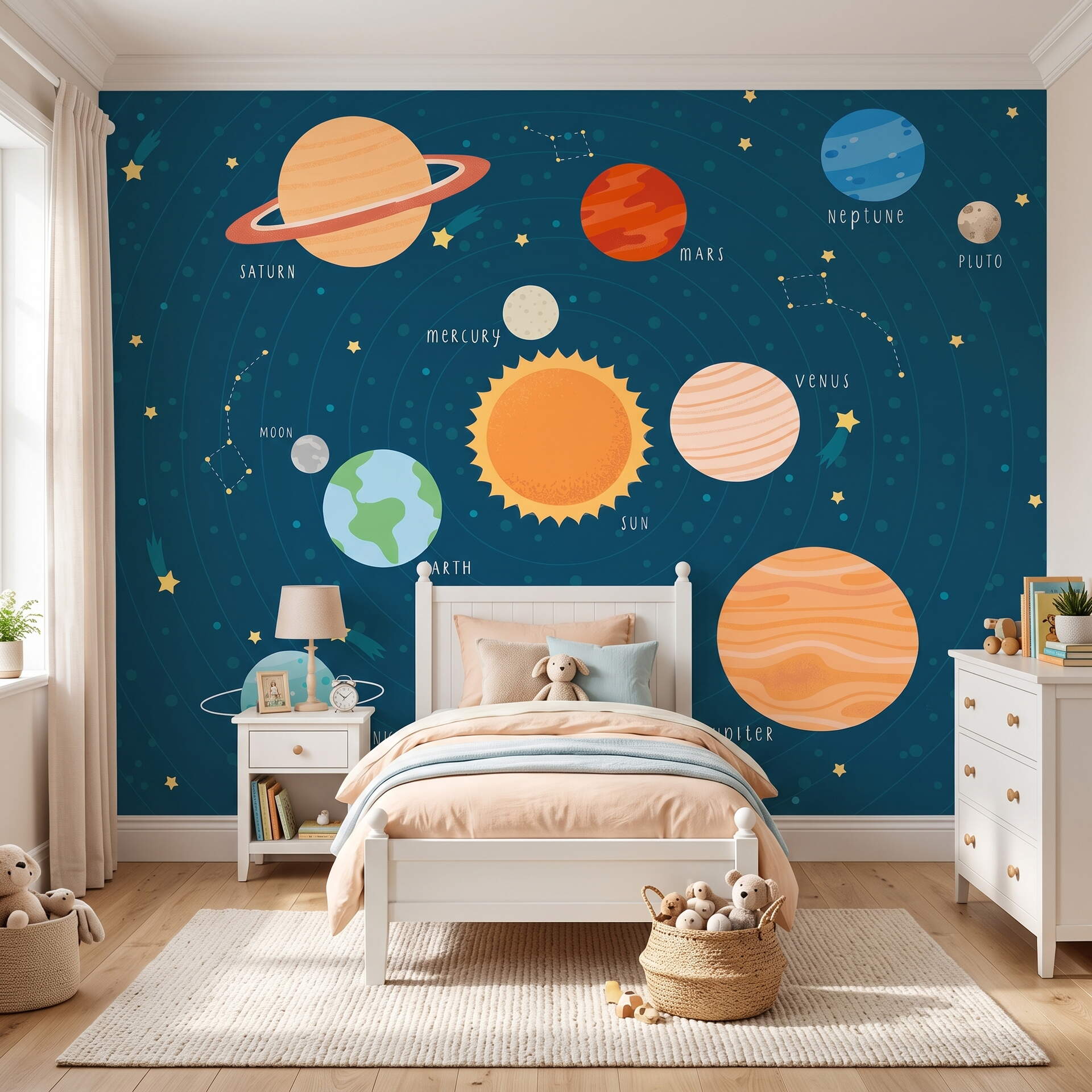 Güneş Sistemi Gezegenler Uzaylı Ufo Çocuk Odası Duvar Kağıdı
