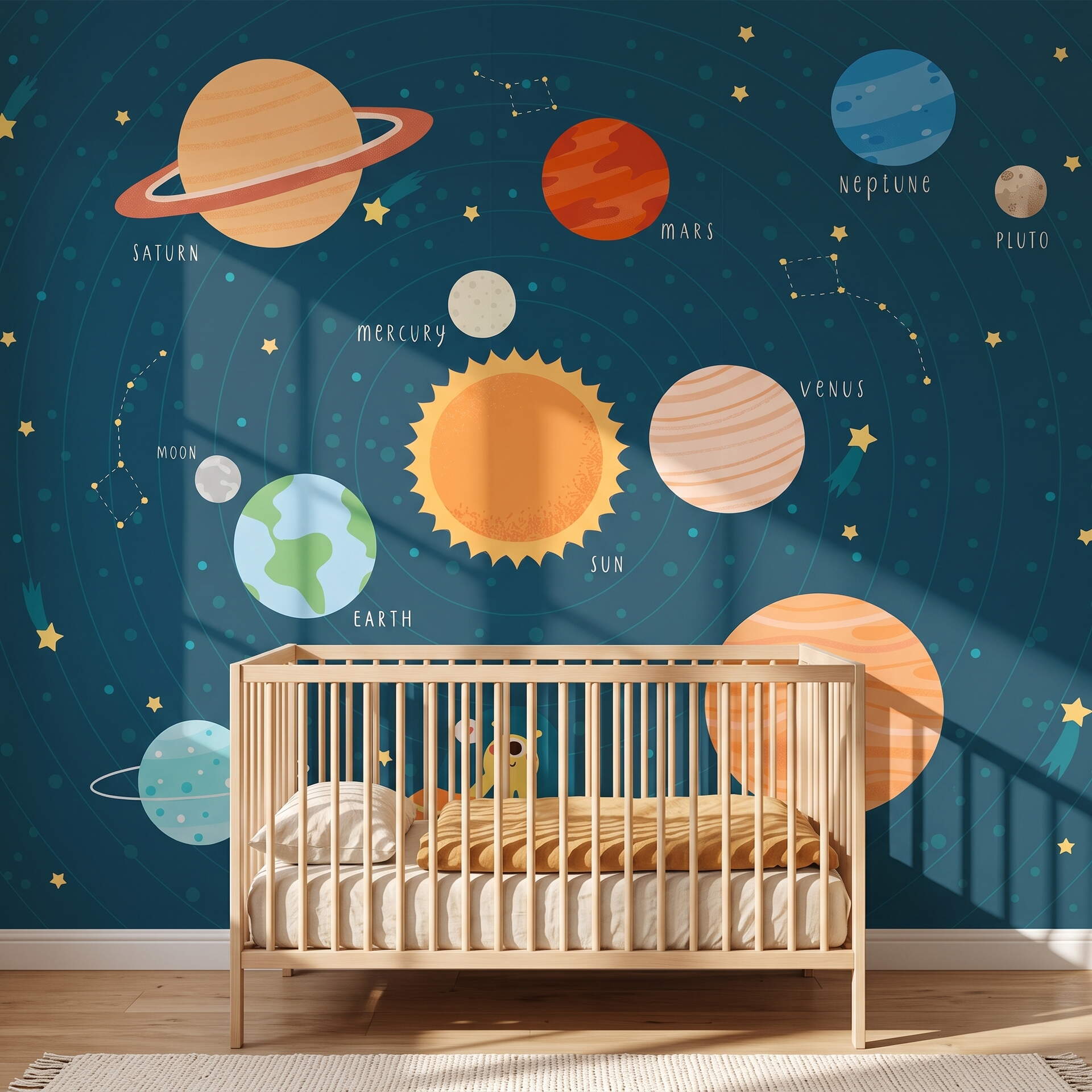 Güneş Sistemi Gezegenler Uzaylı Ufo Çocuk Odası Duvar Kağıdı