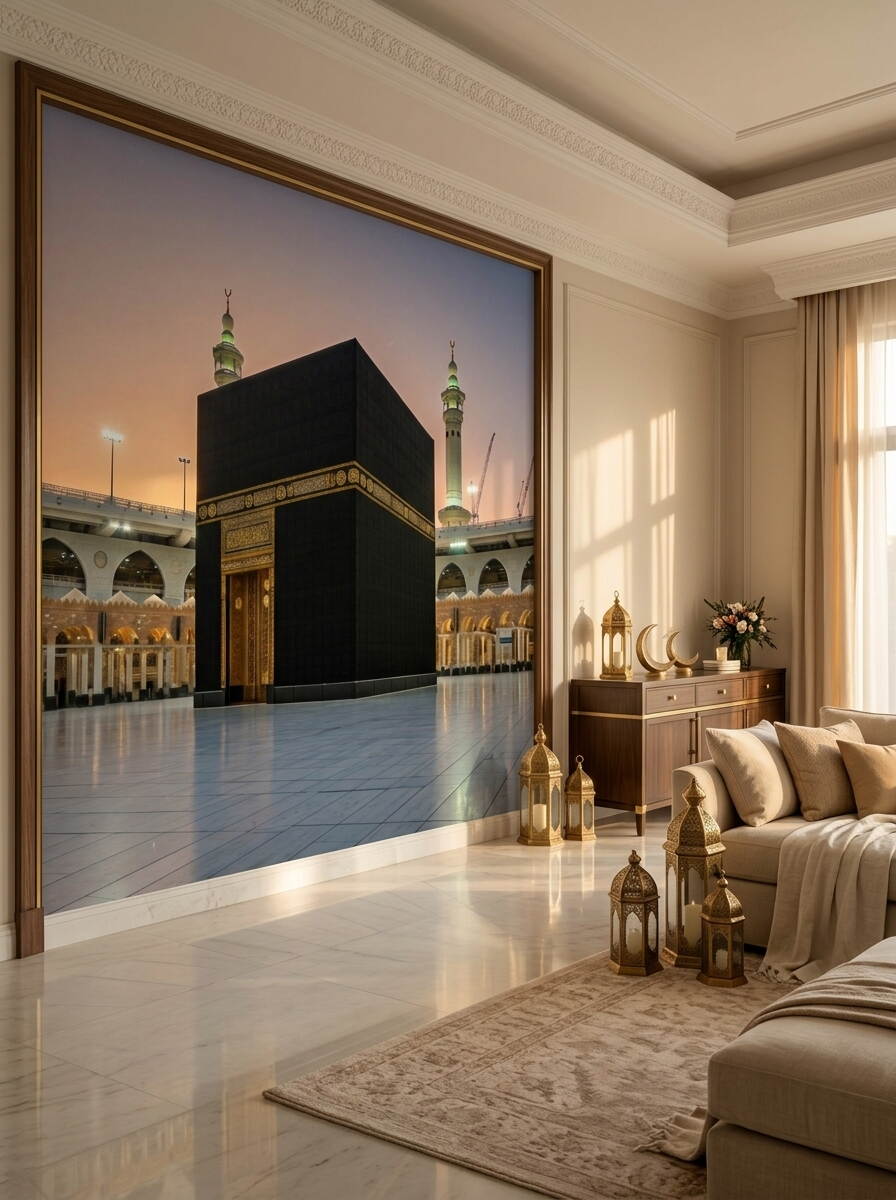 Kabe I Muazzama Duvar Kağıdı Mescid I Haram Ve Altın İşlemeli Kapı Detaylı Dini Tasarım