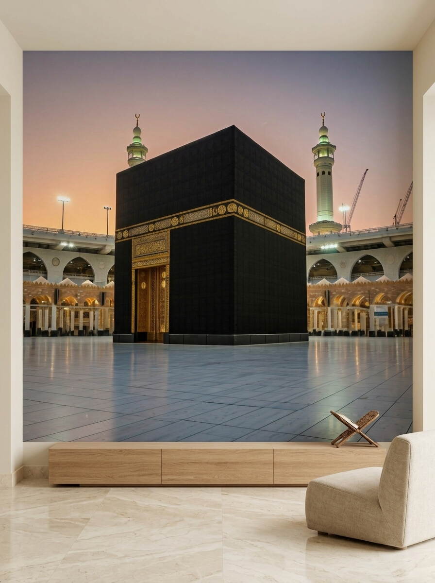 Kabe I Muazzama Duvar Kağıdı Mescid I Haram Ve Altın İşlemeli Kapı Detaylı Dini Tasarım