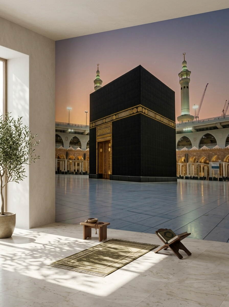 Kabe I Muazzama Duvar Kağıdı Mescid I Haram Ve Altın İşlemeli Kapı Detaylı Dini Tasarım