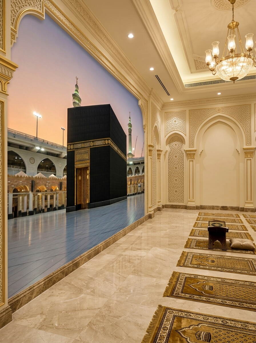 Kabe I Muazzama Duvar Kağıdı Mescid I Haram Ve Altın İşlemeli Kapı Detaylı Dini Tasarım