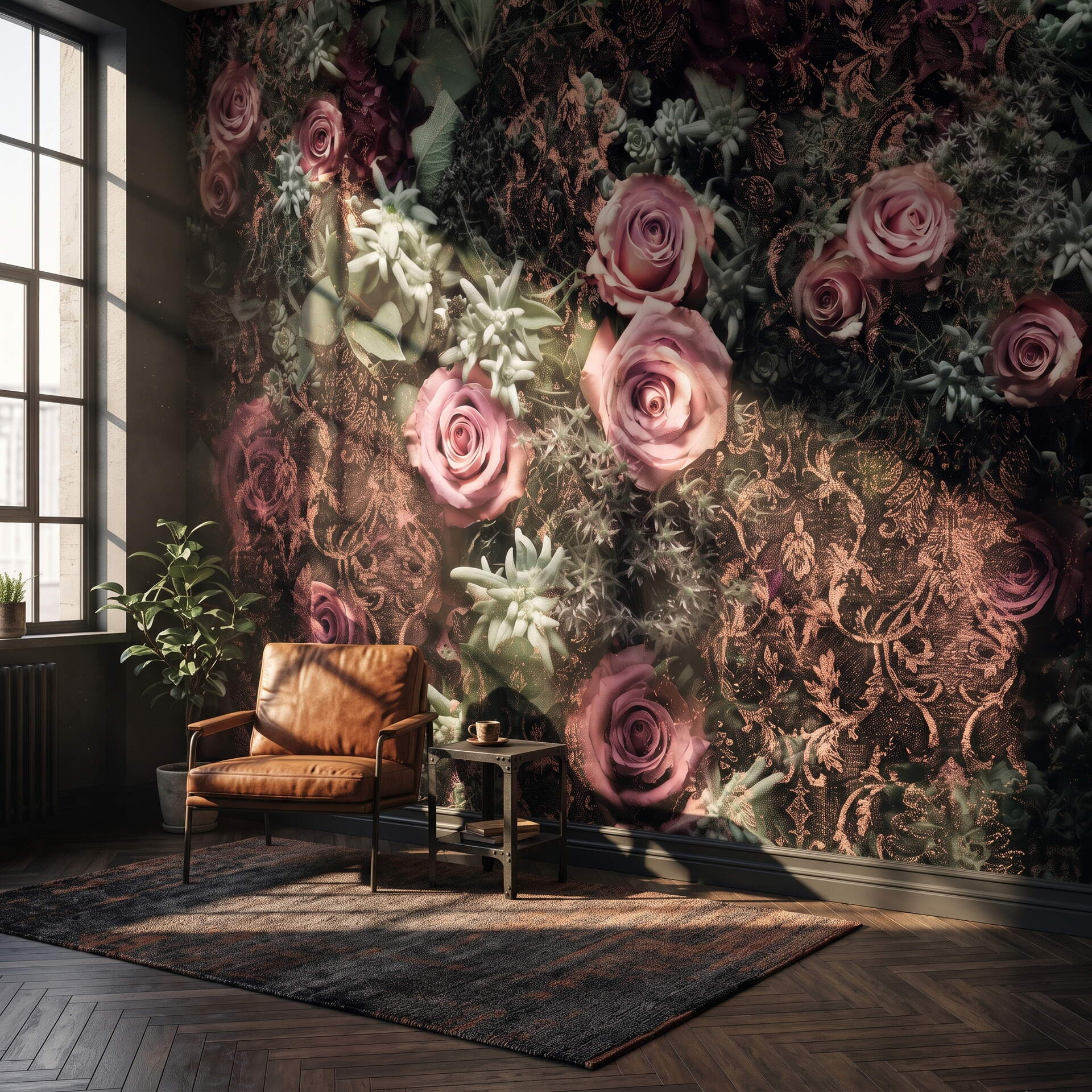 Koyu Zeminli Pembe Güllü Damask Desenli Salon Duvar Kağıdı