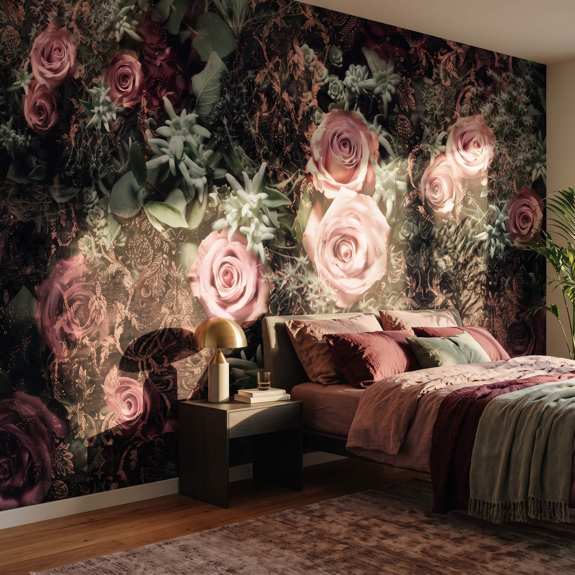 Koyu Zeminli Pembe Güllü Damask Desenli Salon Duvar Kağıdı