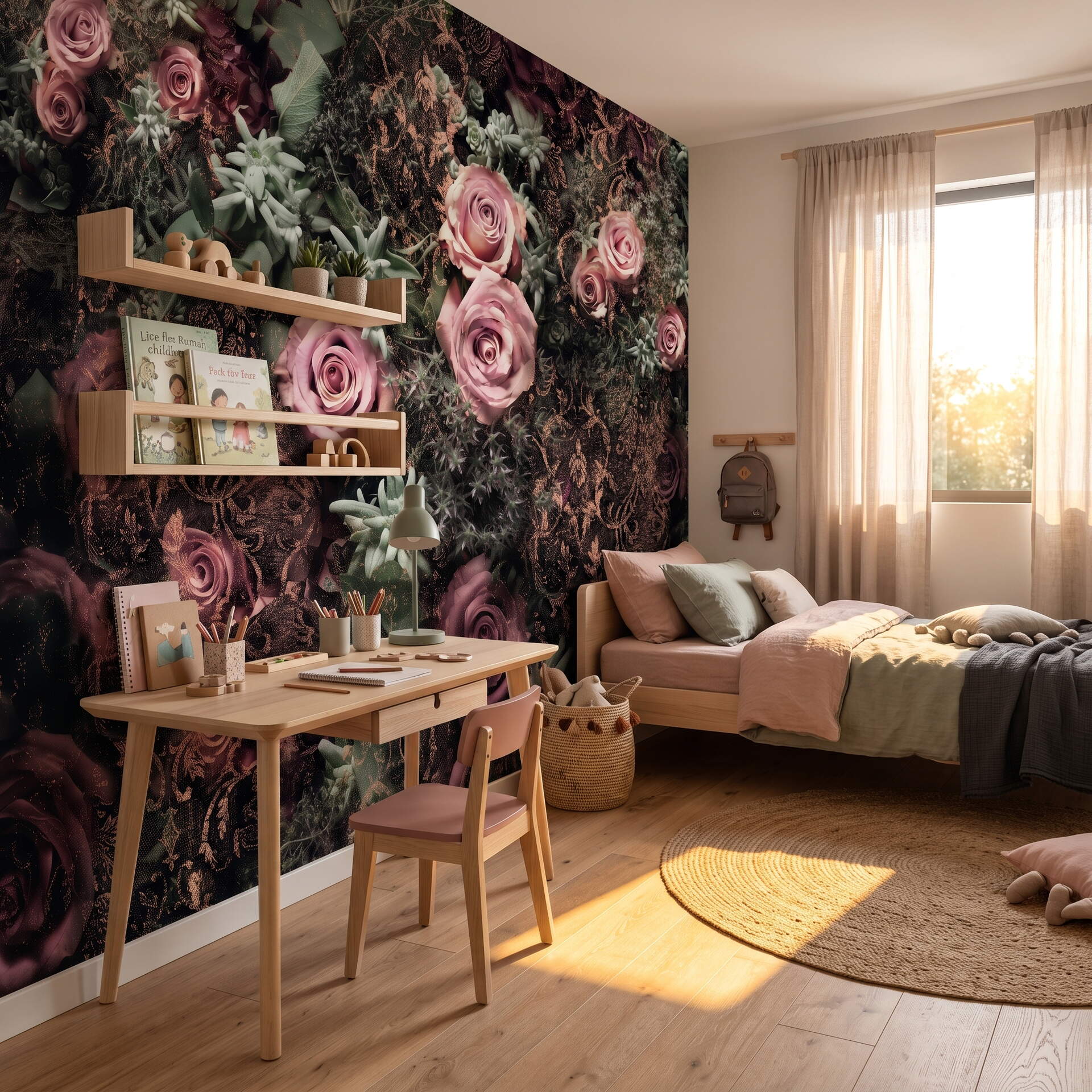 Koyu Zeminli Pembe Güllü Damask Desenli Salon Duvar Kağıdı