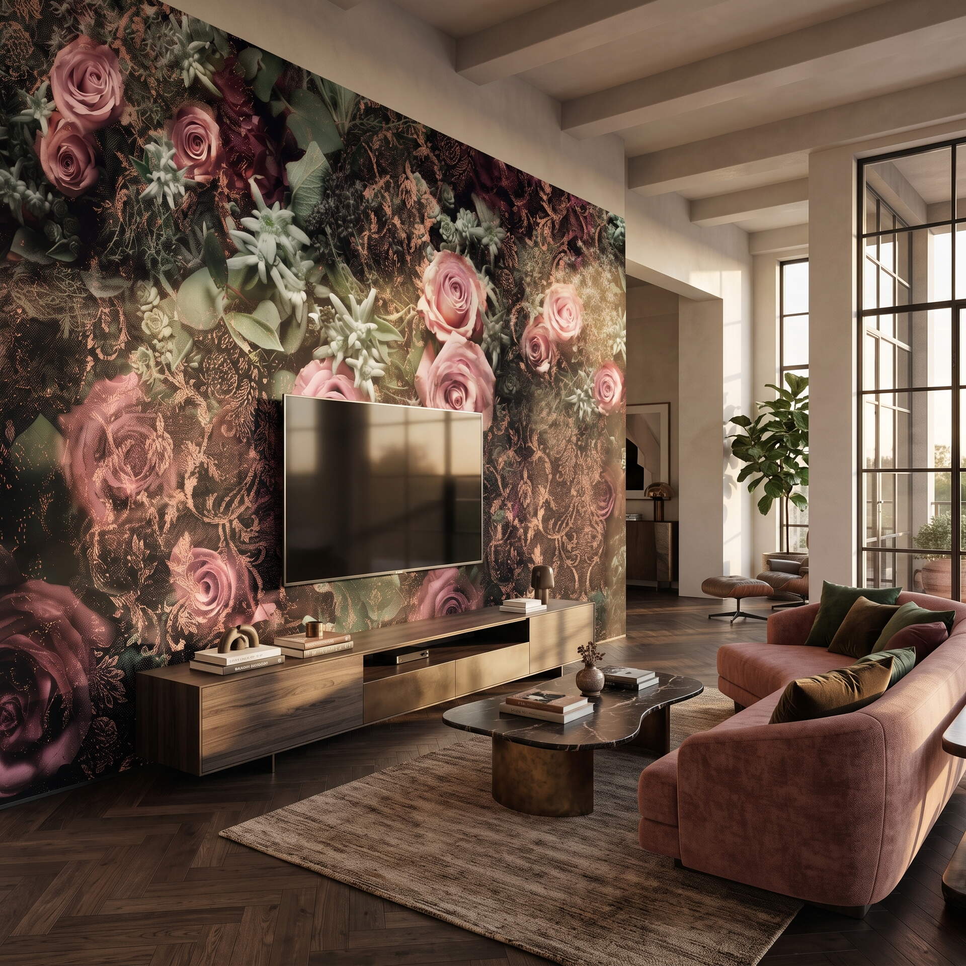 Koyu Zeminli Pembe Güllü Damask Desenli Salon Duvar Kağıdı