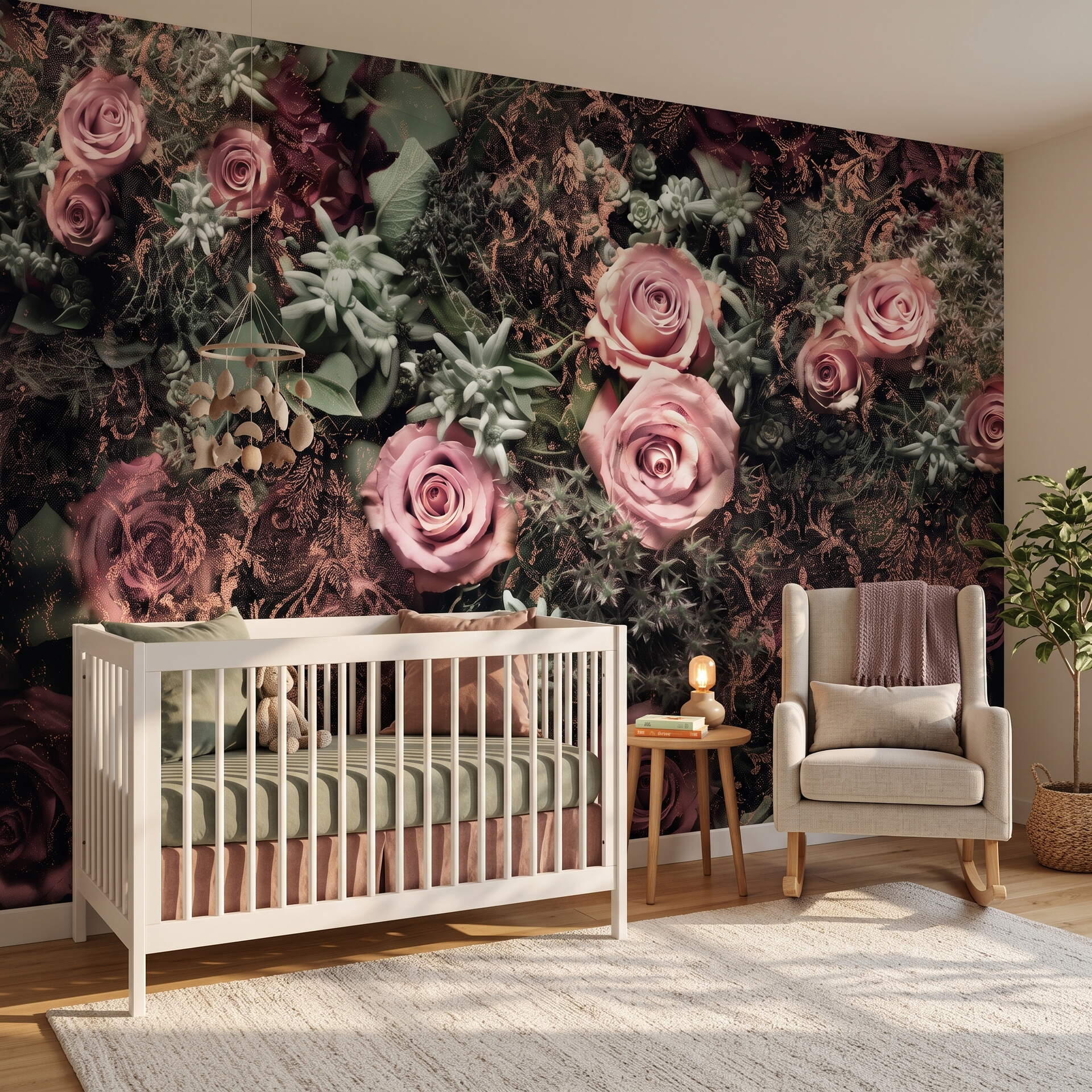 Koyu Zeminli Pembe Güllü Damask Desenli Salon Duvar Kağıdı