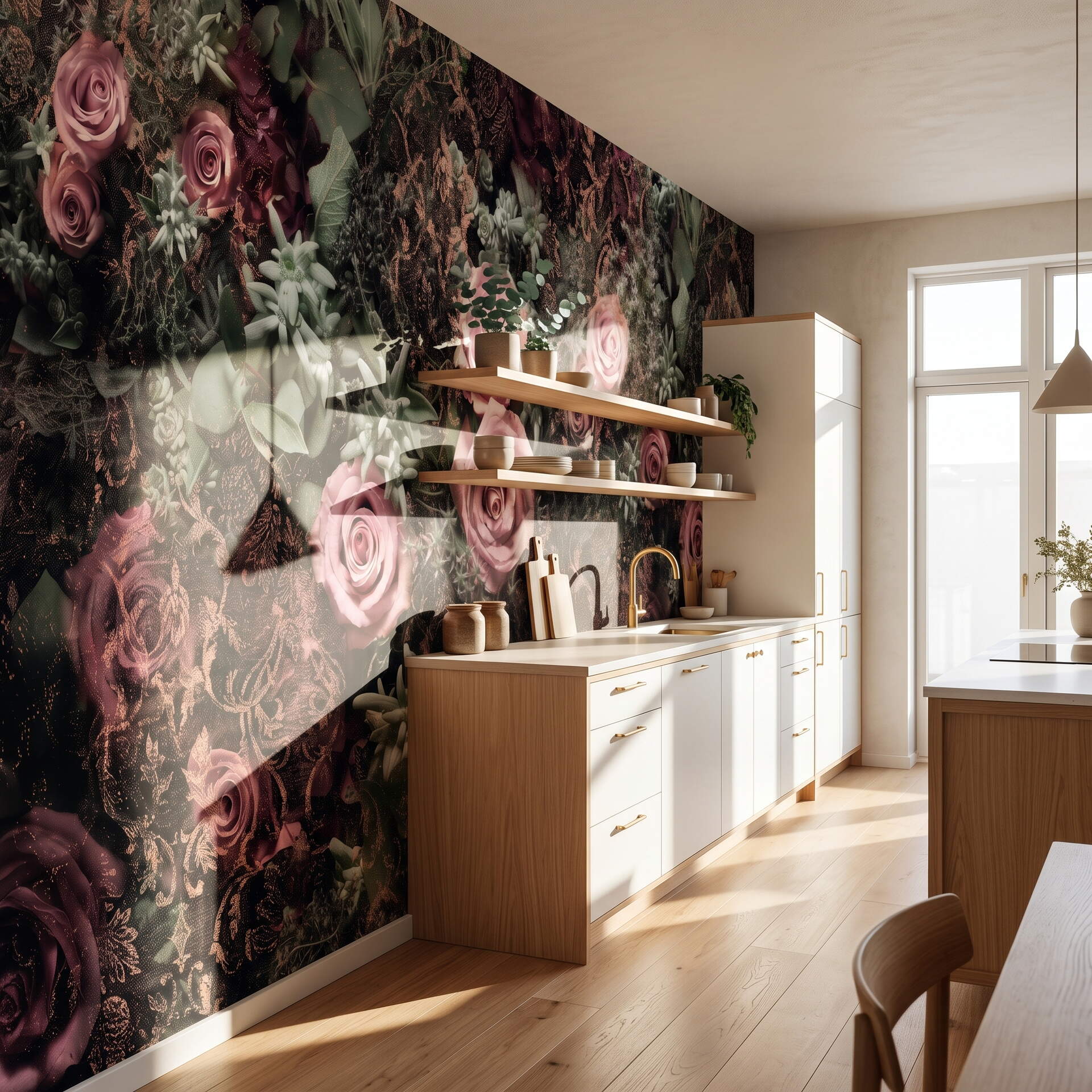 Koyu Zeminli Pembe Güllü Damask Desenli Salon Duvar Kağıdı