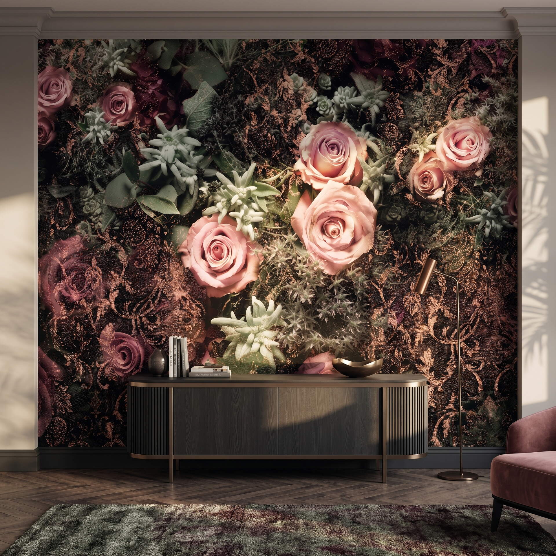 Koyu Zeminli Pembe Güllü Damask Desenli Salon Duvar Kağıdı