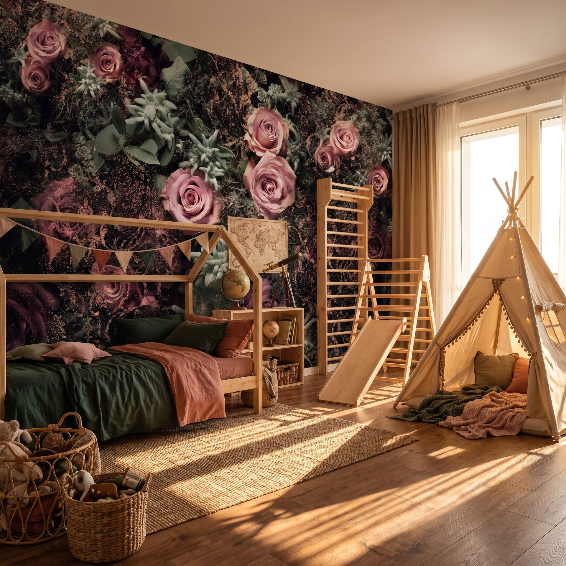 Koyu Zeminli Pembe Güllü Damask Desenli Salon Duvar Kağıdı