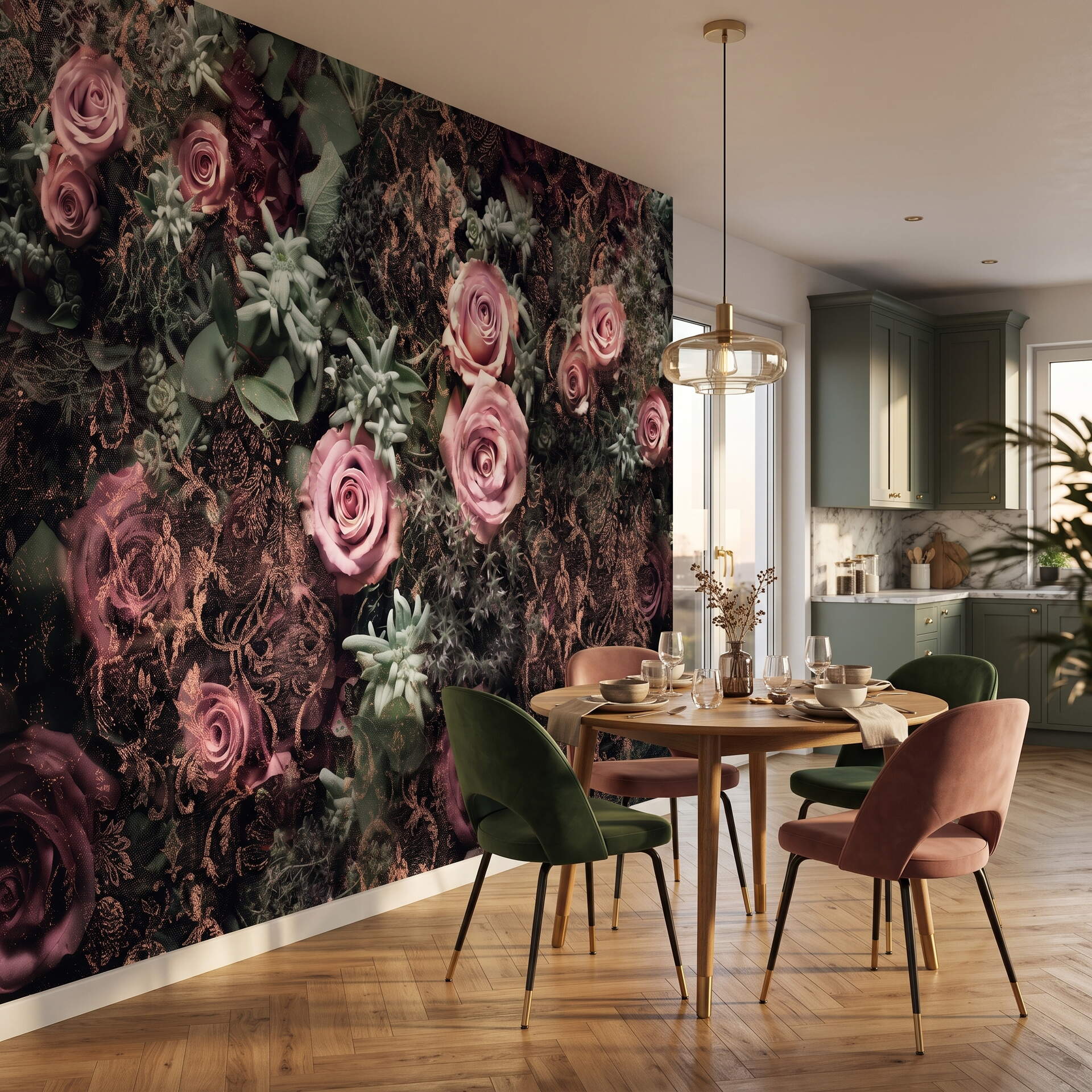 Koyu Zeminli Pembe Güllü Damask Desenli Salon Duvar Kağıdı
